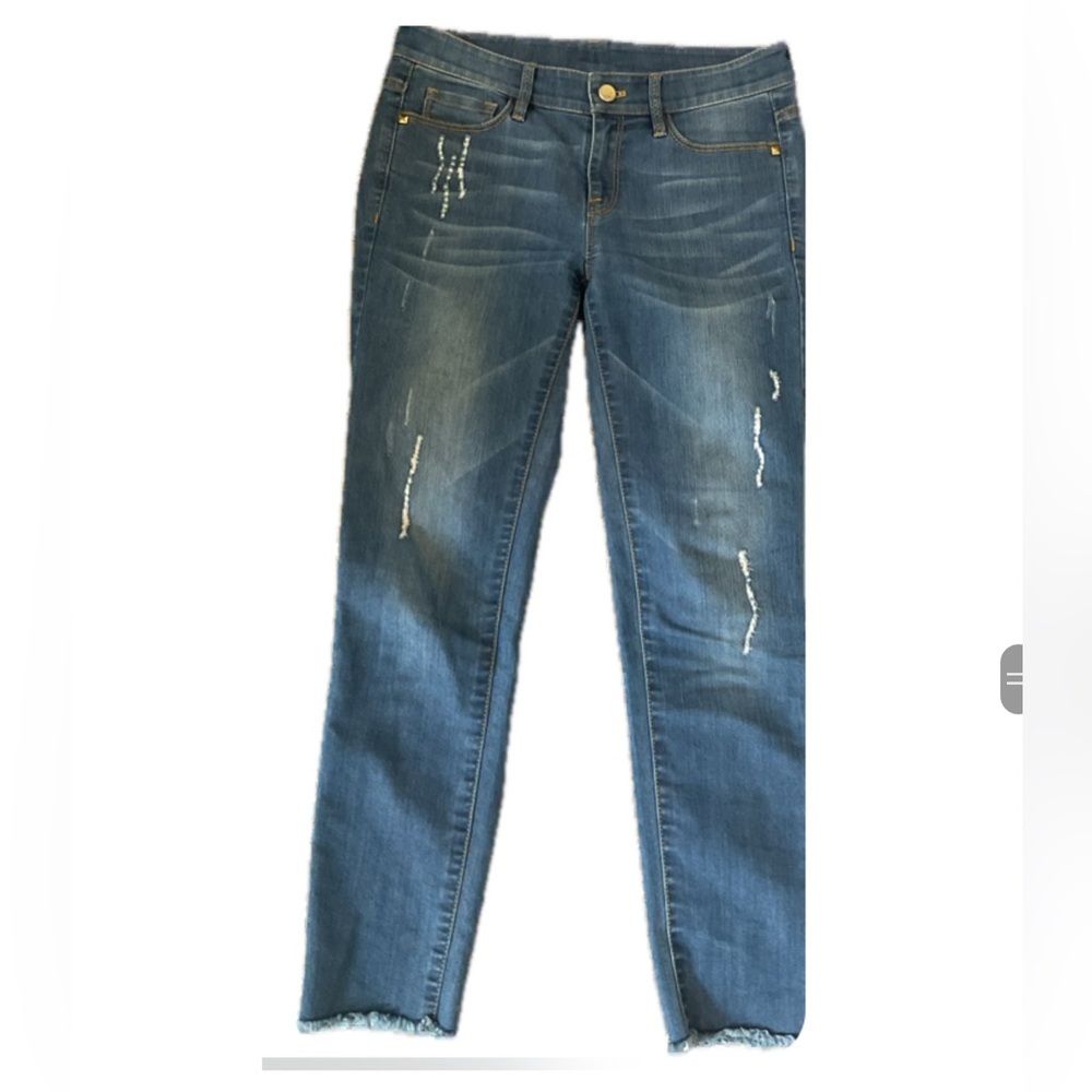 Amass Tasteful Blue Straight Leg Ankle Jeans with Distressed Details